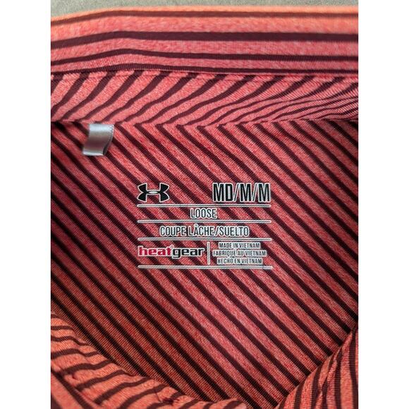 Under Armor Polo Shirt Medium Men's Pink Striped Heat Gear Loose Short Sleeve - Picture 3 of 9
